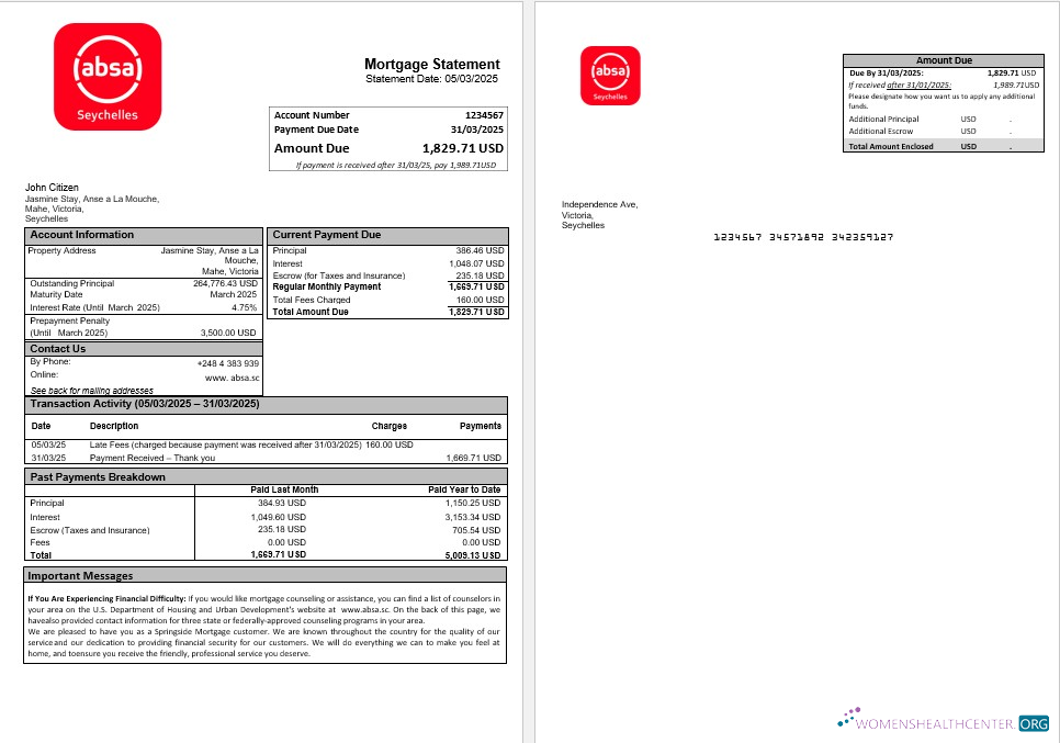 Download Seychelles ABSA bank mortgage statement in Word and PDF formats Photoshop template